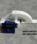 Servo Hinge Kit for SG90 Mini Servos, Hatch Door Mount, white plastic, 3.2x1 inches, shown with example servo motor, screws.