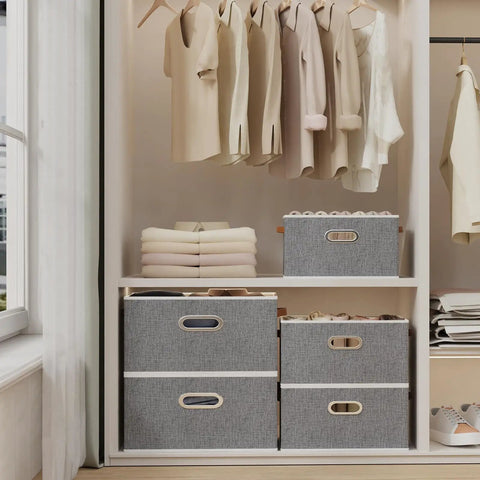 Foldable Canvas Storage Bins for Shelves, Large Fabric Closet Organizer With Three Handy Handles, Gray Cloth Storage Boxes for Clothes