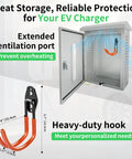 Slick Outdoor EV Charger Lock Box With Viewable Window For Tesla Wall Connector And Most Electric Cars, featuring lock and hook.