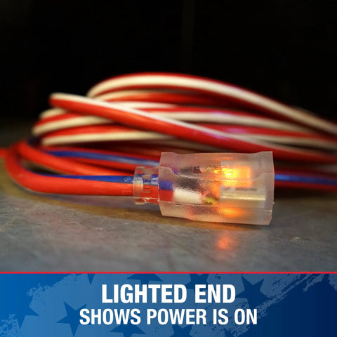 Patriotic 50 Foot 12 Gauge Heavy Duty Extension Cord With Lighted Plug For Indoor Outdoor Use SJTW Red White Blue