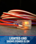 Beefy Built Tough Outdoor Extension Cord 50 Ft 12 Gauge with lighted end showing power is on, patriotic red white blue design
