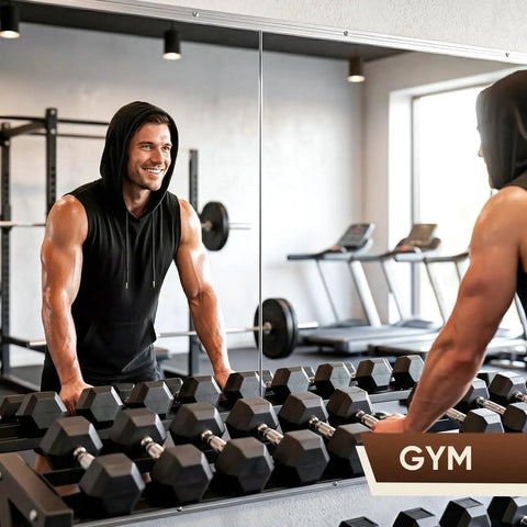 Man using Two Piece Full Body Mirrors 48 By 24 Inches Frameless Tempered Glass Wall Mounted For Home Gym Yoga And Dance Studio Garage