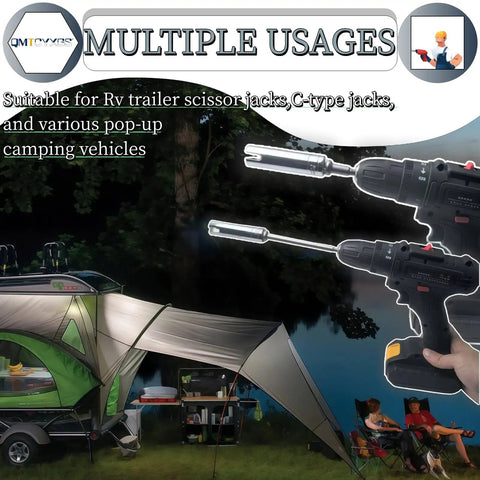 Power Drill Jack Adapter For Scissor Jacks Three Eighths Socket RV Trailer Drill Kit with pop-up camper and outdoor setup