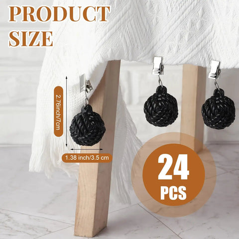 24 Pack Outdoor Curtain And Tablecloth Weights Black Heavyweight Ball Clips Resin Cast Iron Cloth Weights on table corner