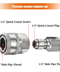 Two-piece 1/4-inch quick-connect pressure washer adapter set with socket and plug, metal chrome finish.