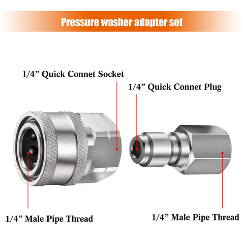 Two-piece 1/4-inch quick-connect pressure washer adapter set with socket and plug, metal chrome finish.
