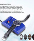 Demagnetizer Tool For Mechanical Watches with blue device and watch displayed, instructions in background