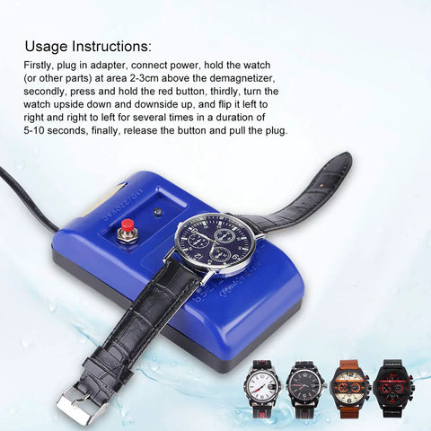 Demagnetizer Tool For Mechanical Watches with blue device and watch displayed, instructions in background