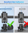 IEMAI carbon fiber PETG filament 1.75mm matte black 1kg; front view bed-adhesion comparison.
