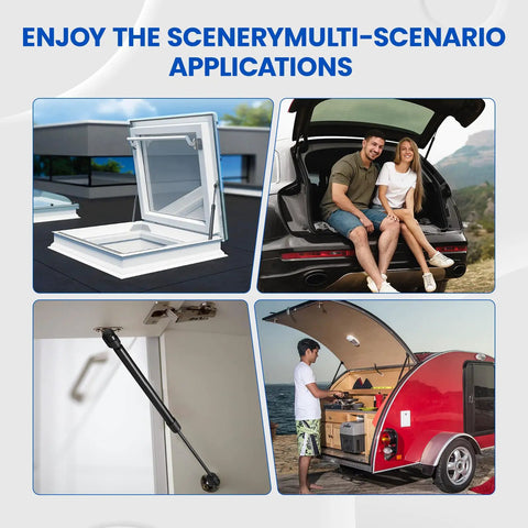 Hella Durable 7.5 Inch Gas Struts 10 Lbs Lift Support With 10Mm Ball Stud Ends For RV Cabinets Safes Toolboxes Super Smooth Operation Two Piece Replacement Kit showcased in various applications.