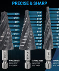 Front view of Four Spiral Flute Cobalt Step Drill Bit Set 1/8 to 7/8 Inch, Wear-Resistant TiAlN Coated 1/4 Inch Hex Shank Unibit, 3-piece