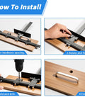 Pro Grade Cabinet Hardware Jig Tool Set, 14 Piece Aluminum Alloy Template installation guide steps with wood and drill demonstration