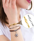 Woman wearing DIY bracelets with 6-Piece Cord End Caps With Lobster Clasps, 4mm Leather Cord Ends Jewelry Clasps in gold and silver.