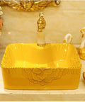 Rectangle Vessel Sink For Bathroom,Gold Bathroom Ceramic Vessel Sink Above Counter Bathroom Vanity Sink Bowl with floral design.
