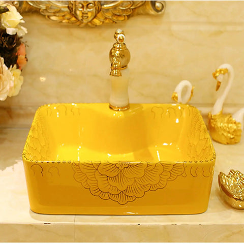Rectangle Vessel Sink For Bathroom,Gold Bathroom Ceramic Vessel Sink Above Counter Bathroom Vanity Sink Bowl with floral design.