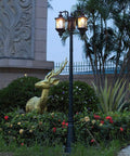Top Shelf Dual Head Outdoor Led Street Light With Slick Water Wave Glass And Heavy Duty Aluminum Pole in garden setting.