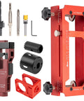Heavy Duty Aluminum Alloy Door Hinge Jig And Lock Latch Installation Kit For Dead Simple Mortise Cutting And Dead Center Hole Drilling No Fuss Carpenter Tool Set with various accessories.