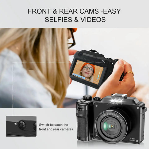 Person using 64MP 4K 5K Digital Camera Kit With WiFi For YouTube Vlogging Front And Rear Dual Cameras For Easy Selfies