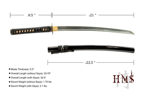 Unsharpened Stainless Steel Wakizashi Iaito For Iaido Practice 21 Inch Blade With Bo Hi Fuller Dope Safe Training Sword dimensions shown