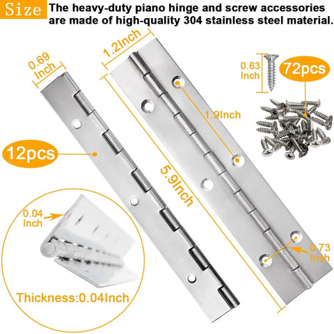 Premium 6 Inch Heavy Duty Piano Hinge Set Built Tough From 304 Stainless Steel With A 1 2 Inch Span and accessories.