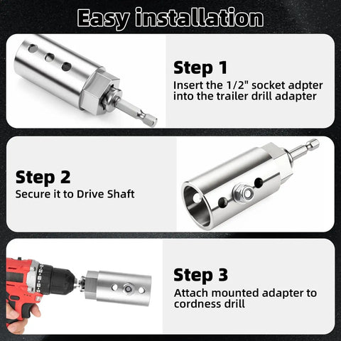 Installation steps for Heavy Duty Trailer Jack Drill Adapter Kit For One Inch Jack Drive Shafts With Dual Half Inch Socket Bits.