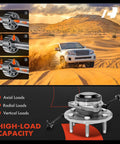 Front Wheel Bearing And Hub Assembly With Abs For 1999 To 2013 Chevy GMC Cadillac Six Lug Two Wheel Drive Fits Silverado 1500 Avalanche 1500 Sierra 1500 And Escalade, shown with SUV in desert and load capacity features.