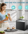 Woman in kitchen with Portable Countertop Ice Maker That Churns Out 9 Ice Cubes In 6 Minutes, 26 Lbs Per Day, Obsidian Black