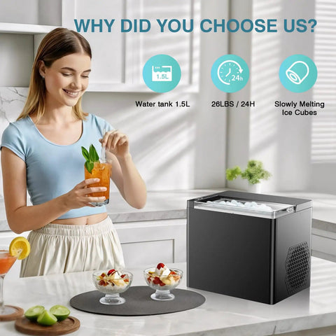 Woman in kitchen with Portable Countertop Ice Maker That Churns Out 9 Ice Cubes In 6 Minutes, 26 Lbs Per Day, Obsidian Black