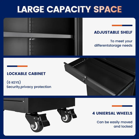 Heavy Duty Metal Garage Storage Cabinet With Locking Doors And Adjustable Shelves 73 Inch Rolling Tool Cabinet With Four Wheels And One Drawer For Garage And Warehouse Black featuring adjustable shelf, lockable cabinet, and wheels.