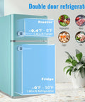 Hella Spacious 3.5 Cubic Feet Retro Mini Fridge With Handle Compact Refrigerator Reliable Cooler Storage Bin For College Dorm Home Office Bedroom Counter Top Blue with double doors and freezer.