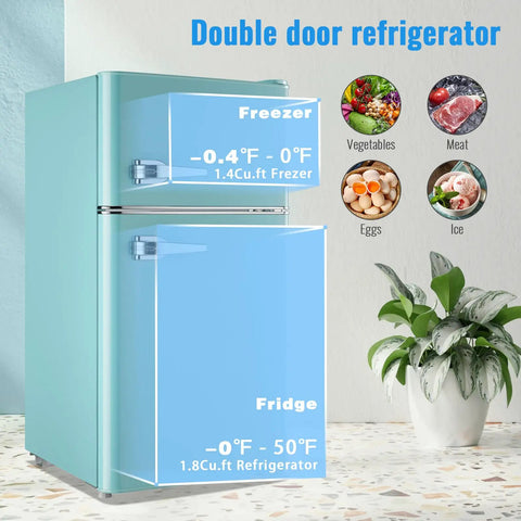 Hella Spacious 3.5 Cubic Feet Retro Mini Fridge With Handle Compact Refrigerator Reliable Cooler Storage Bin For College Dorm Home Office Bedroom Counter Top Blue with double doors and freezer.