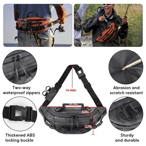 Close-up of All In One Fishing Waist Pack Kit with Tackle Box, two-way zippers, and locking buckle, highlighting material and features