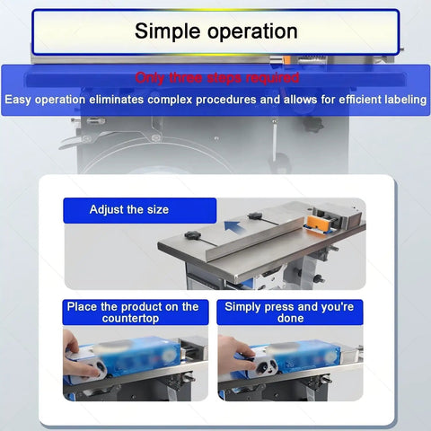 Top Tier Semi-Automatic Labeling Machine For 90 Degree Corner Sealing showing simple operation steps on a countertop.