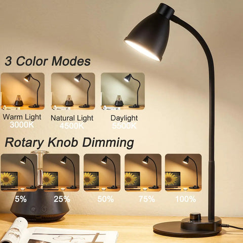 Eye Friendly LED Desk Lamp With USB Charging Port, 3 Color Temps, Dimmable Reading Light, Smart Auto Dim With Motion, Flexible Neck For Desk Or Nightstand, Energy Saving 56 LED Beads, AC Adapter Included