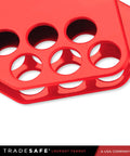 Red Ball Valve Lockout Device For 1/4 To 1 In Pipe Diameter showing 6 LOTO holes, impact resistant material, close-up view.