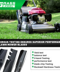 Lawn mower equipped with Mulching Blade Set For Honda HRR216 Series Walk Behind Mower 21 Inch Replacement Blades in grass.