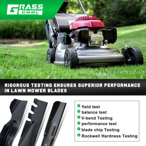 Lawn mower equipped with Mulching Blade Set For Honda HRR216 Series Walk Behind Mower 21 Inch Replacement Blades in grass.