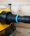 Top Shelf Dust Collection Hose Adapter Fits DW735 Series Planers connected to shop vac hose, ideal for woodworking dust extraction.