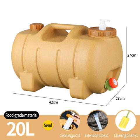 Camping Water Container With Spigot And Soap Dispenser Portable Water Storage Jug For Hiking, 20L, ergonomic handle, yellow.