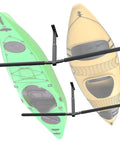 Overhead Ceiling Kayak Storage Rack For Garage Holds Two Kayaks Up To 200 Lbs Heavy Duty Universal Fit For Kayaks SUPs Surfboards Canoes And Snowboards With Foam Padding And Rust Resistant Coating, holding two kayaks.