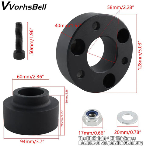 2.5 Inch Front Strut Spacers And 1.5 Inch Rear Lift Spacer Kit components, including measurements and bolt, for RAM 1500 4WD 4X4 2009-2022