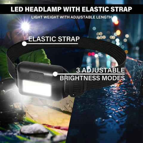 Black LED headlamp with elastic strap, part of Must Have Car Emergency Kit With Battery Jumper Cables A Go To Roadside Safety Kit.