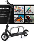 8mm Chain Lock For Scooters And EBikes High Security Anti Theft Lock With 3 Keys Waterproof Scooter Bag Included Great For Electric Scooters Motorcycles Bicycles shown securing an electric scooter to a metal bike rack with additional usage images.