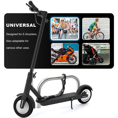8mm Chain Lock For Scooters And EBikes High Security Anti Theft Lock With 3 Keys Waterproof Scooter Bag Included Great For Electric Scooters Motorcycles Bicycles shown securing an electric scooter to a metal bike rack with additional usage images.