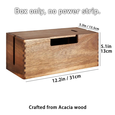 Acacia Wood Cable Management Box With Magnetic Lid And Ventilation For Power Strips, TV Wires, And Desk Or Floor Cables