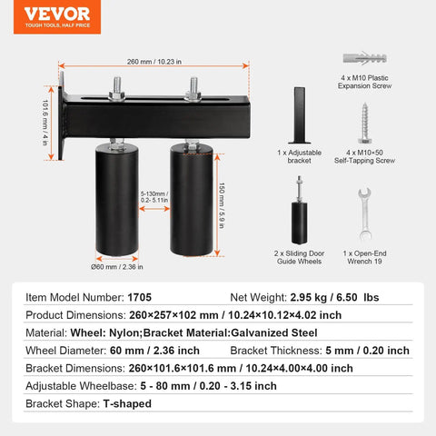 Beefed-Up Heavy Duty Sliding Gate Kit 6-Inch Rollers With T Bracket Universal Adjustable Gate Rollers Black Gate Guide Roller For Sliding Gates And Rolling Doors Durable Rust Resistant Bracket shown with specifications and parts