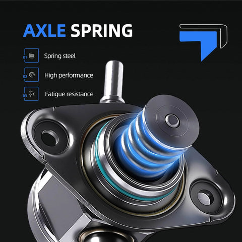 Close-up of high pressure fuel pump spring with steel construction, labeled "AXLE SPRING" for performance.