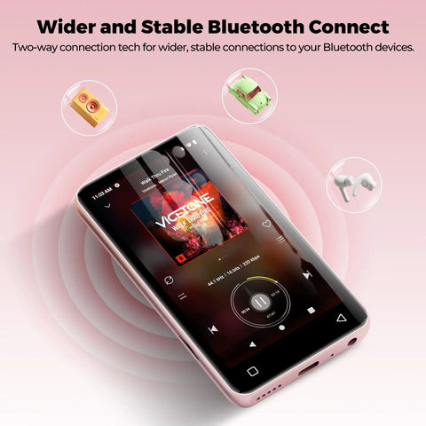 Kids Bluetooth MP3 Player With WiFi And 4.0 Inch Touch Screen Android Music Player With Speaker on pink background.