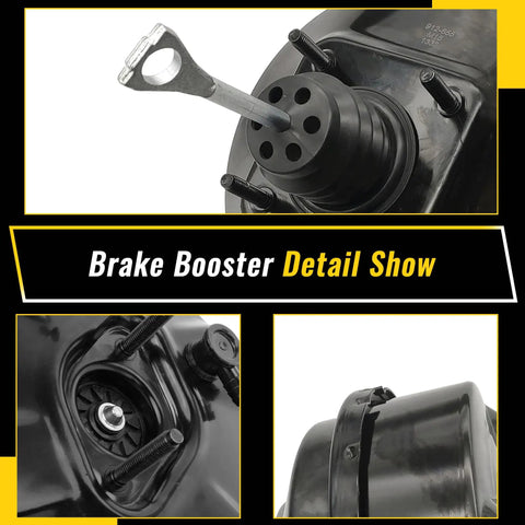 Heavy Duty Vacuum Power Brake Booster For Chevy Silverado 1500 And Cadillac Escalade showing detailed components and assembly on black background.