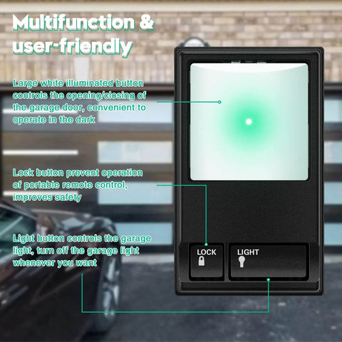 Multi Function Garage Door Opener Control Panel Wired Wall Keypad Replacement Compatible With Liftmaster showing illuminated buttons for garage control.